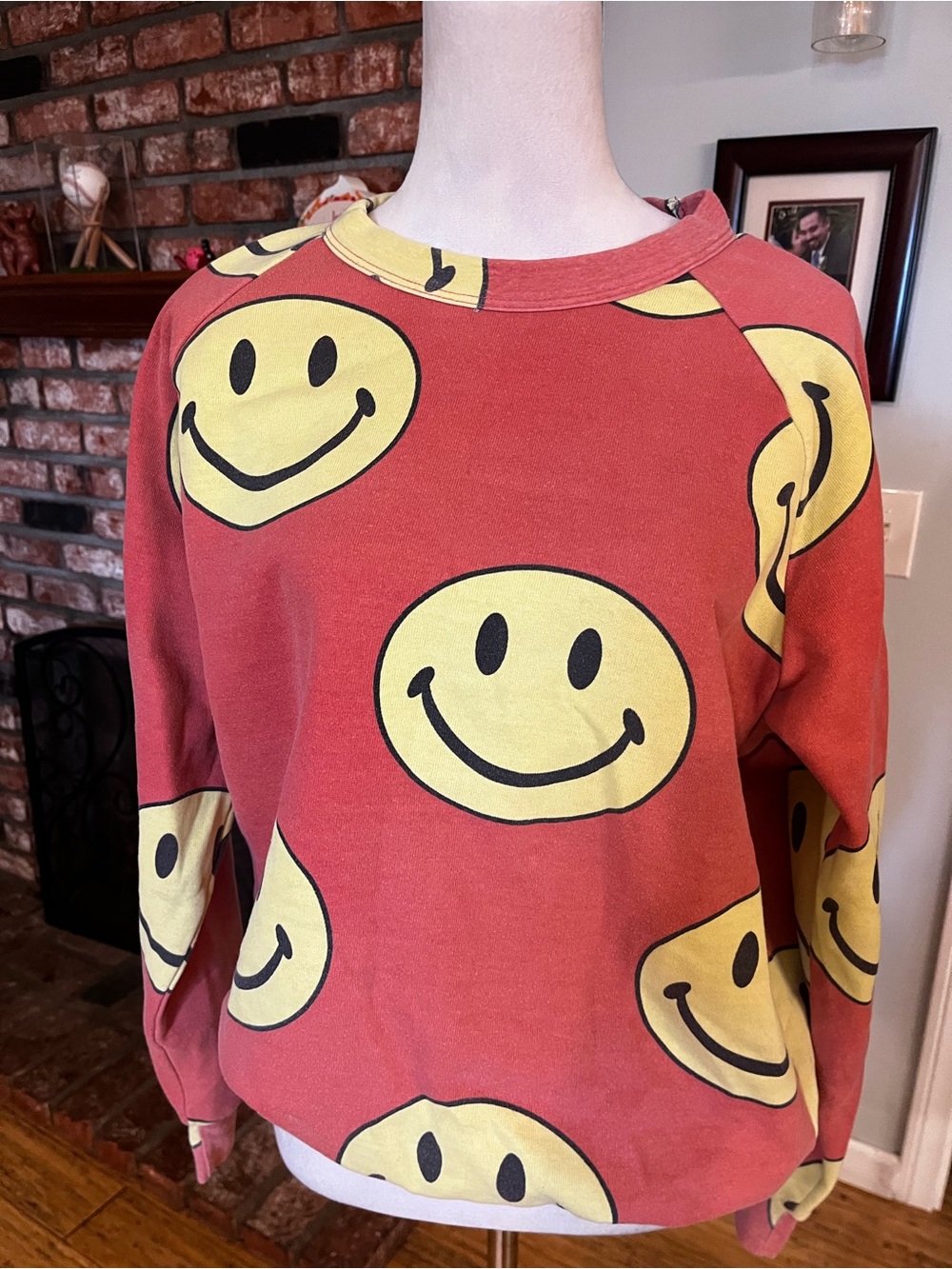Aviator Nation $165 Red Crewneck Sweater with Yellow Smiley Print - Picture 2 of 4